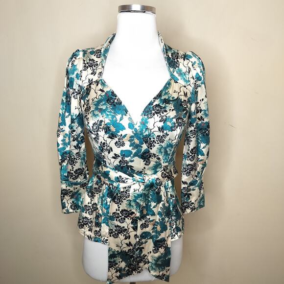 Diane Von Furstenberg Silk Floral Wrap Blouse Puff Shoulder - Picture 1 of 14